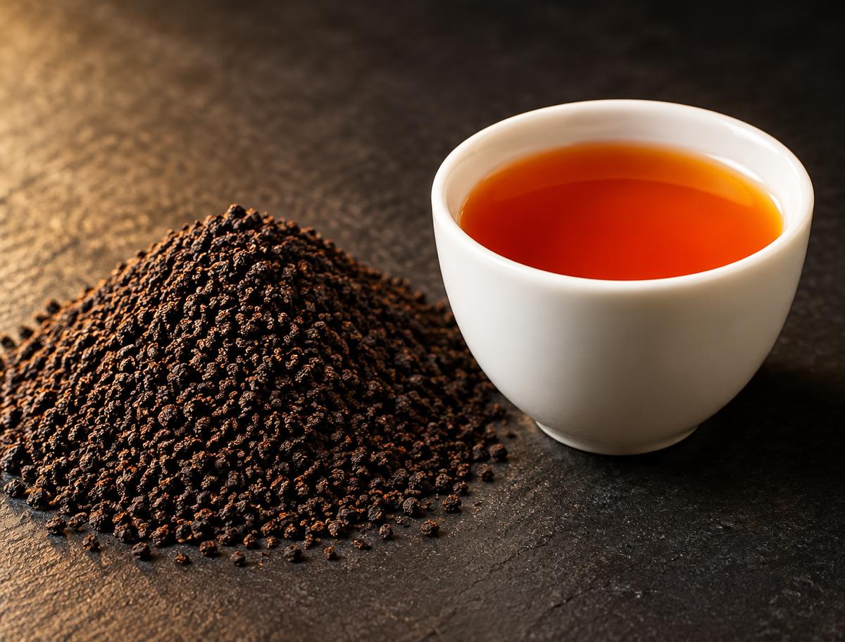 Assam CTC granules with a cup of coppery liquor