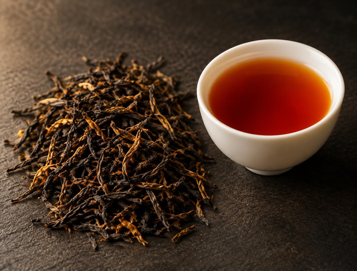 Orthodox leaf with golden tips beside a tasting cup